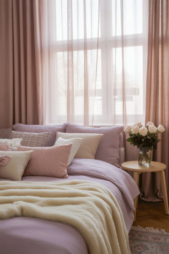Girly apartment bedroom with elegant window treatments enhancing the ambiance.