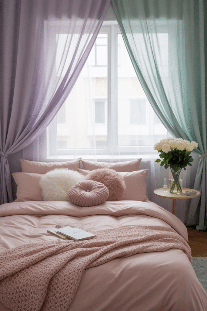 Girly apartment bedroom with elegant window treatments enhancing the ambiance.