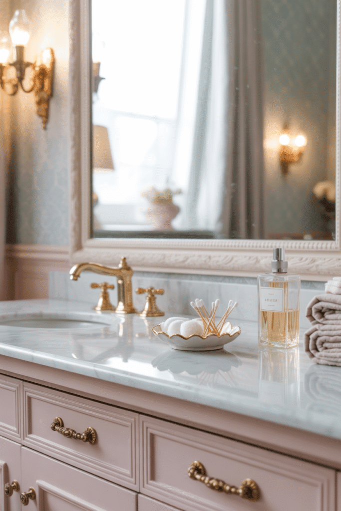 Stylish girly bathroom vanity with pastel tones and chic gold accents.
