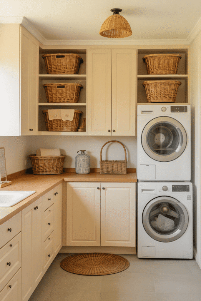 Creamy almond tones provide soft warmth and a neutral base in small laundry rooms.