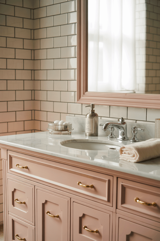 Stylish girly bathroom vanity with pastel tones and chic gold accents.