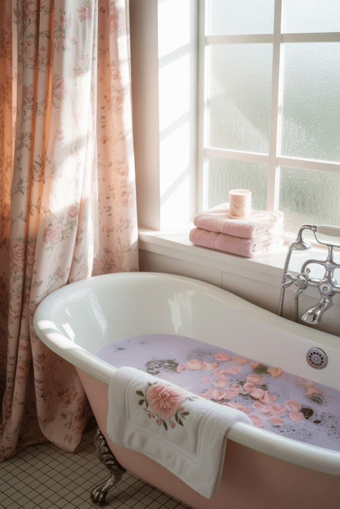 Bathroom with feminine floral shower curtain and coordinating decor.