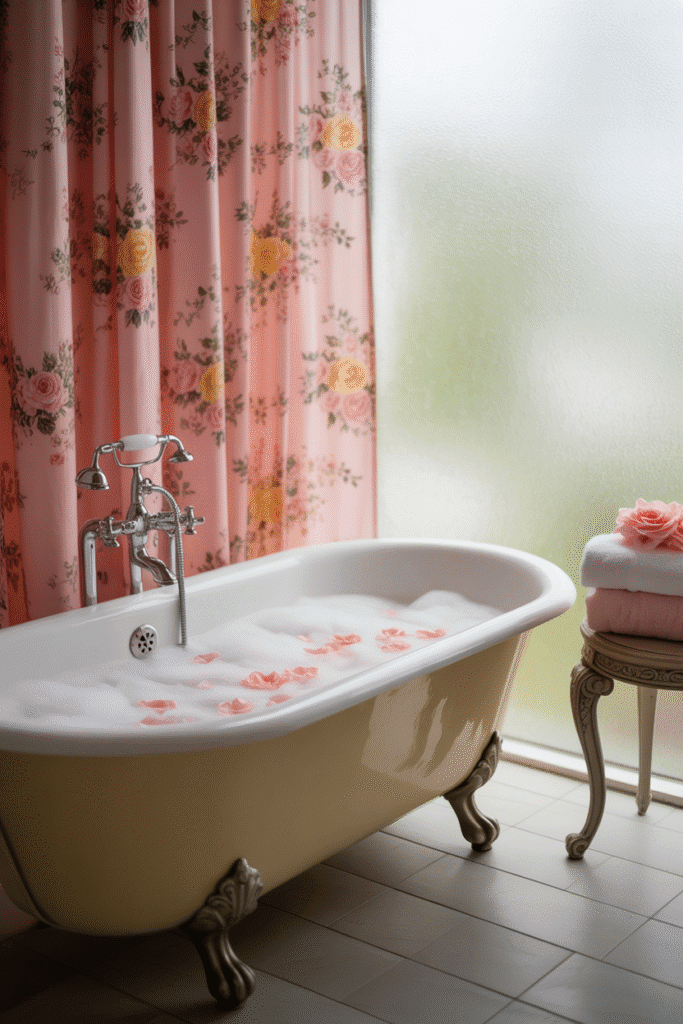 Bathroom with feminine floral shower curtain and coordinating decor.