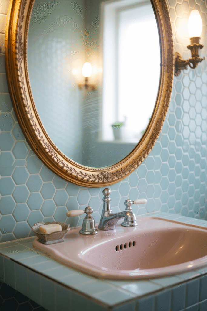 Chic bathroom mirror adding elegance and charm to a girly aesthetic.
