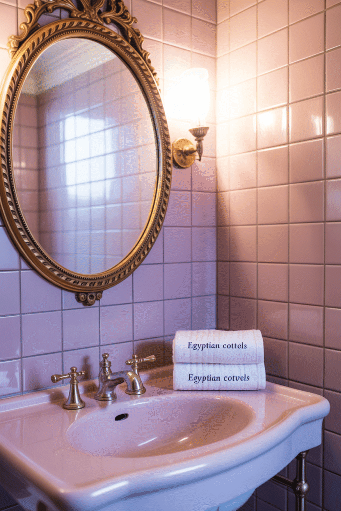 Chic bathroom mirror adding elegance and charm to a girly aesthetic.