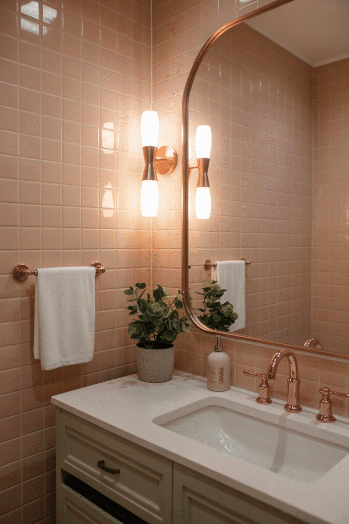 Girly bathroom featuring elegant lighting for a cozy ambiance.