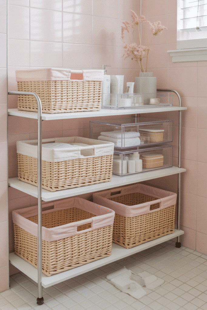 Organized girly bathroom with stylish storage solutions.