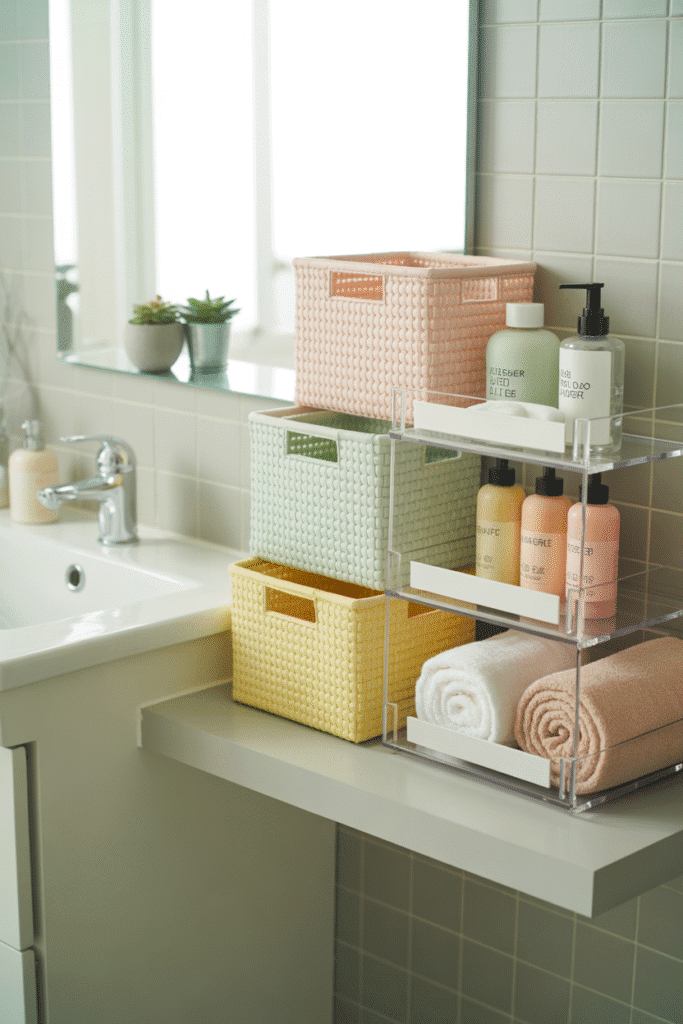 Organized girly bathroom with stylish storage solutions.
