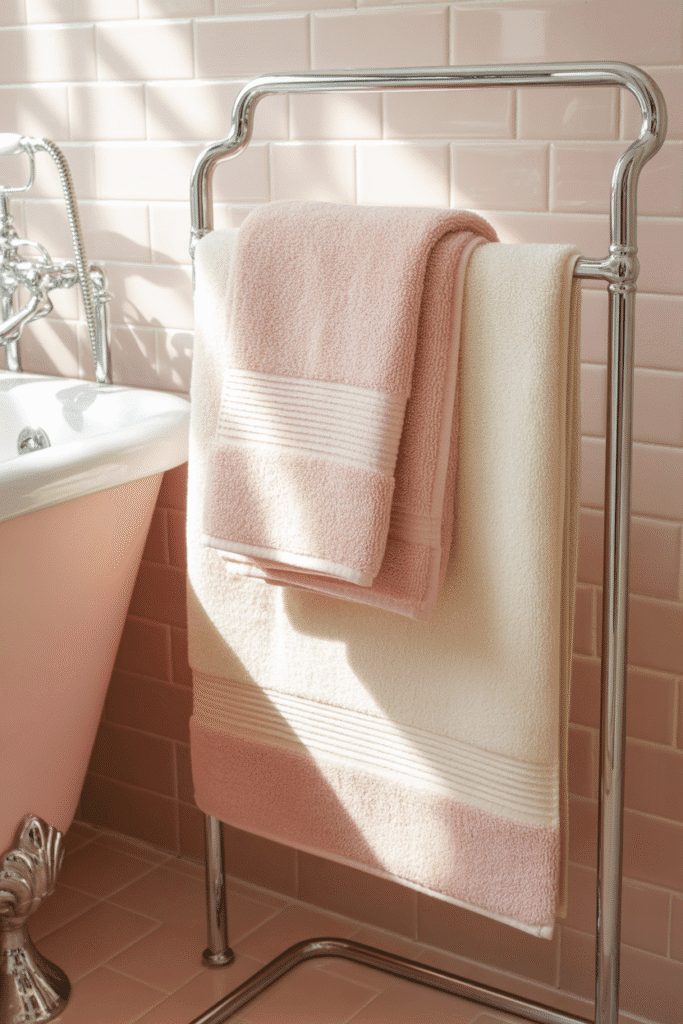 Bathroom with luxurious towels and mats enhancing a girly aesthetic.