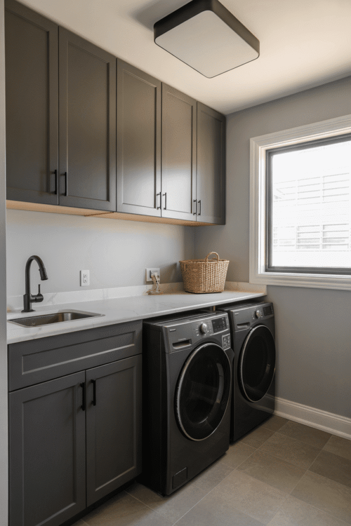 Soft black cabinets create modern contrast without overpowering the small space.