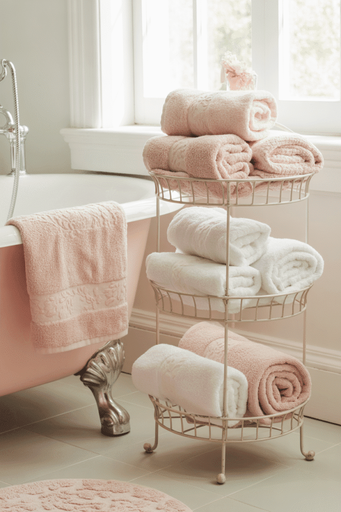 Bathroom with luxurious towels and mats enhancing a girly aesthetic.