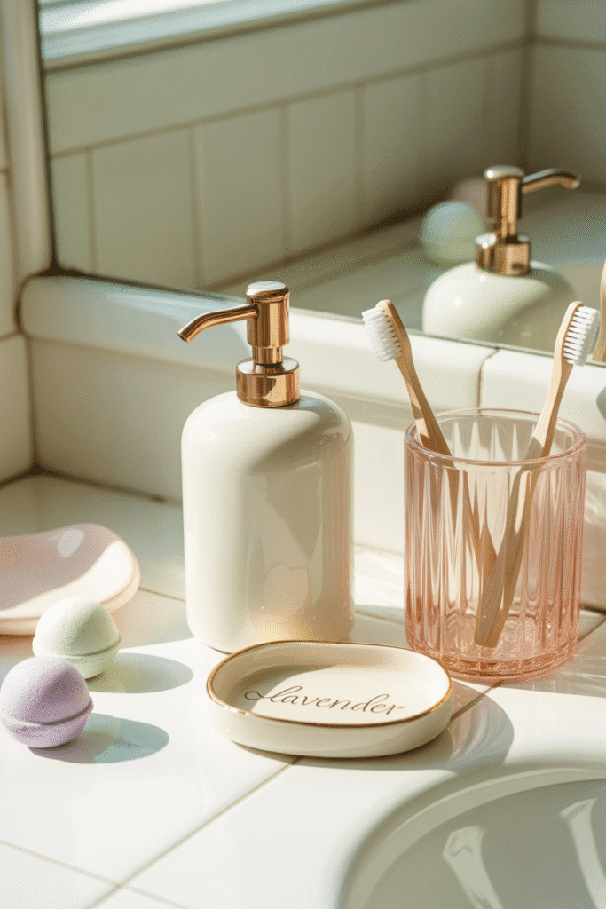 Girly bathroom with subtle metallic accents for a luxurious touch.
