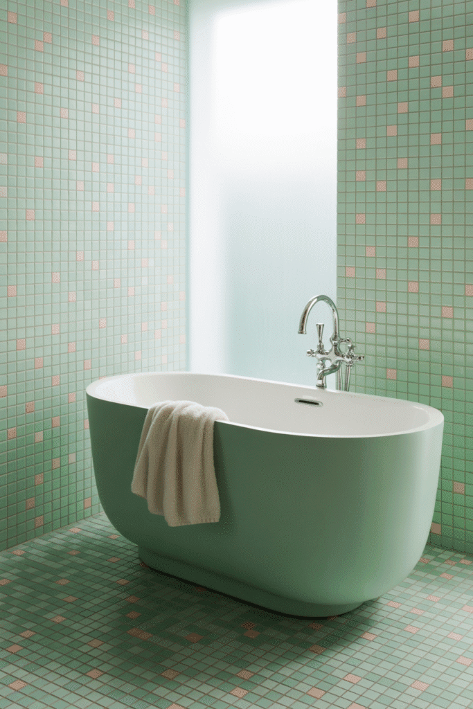 Feminine bathroom featuring patterned tiles adding style and personality.