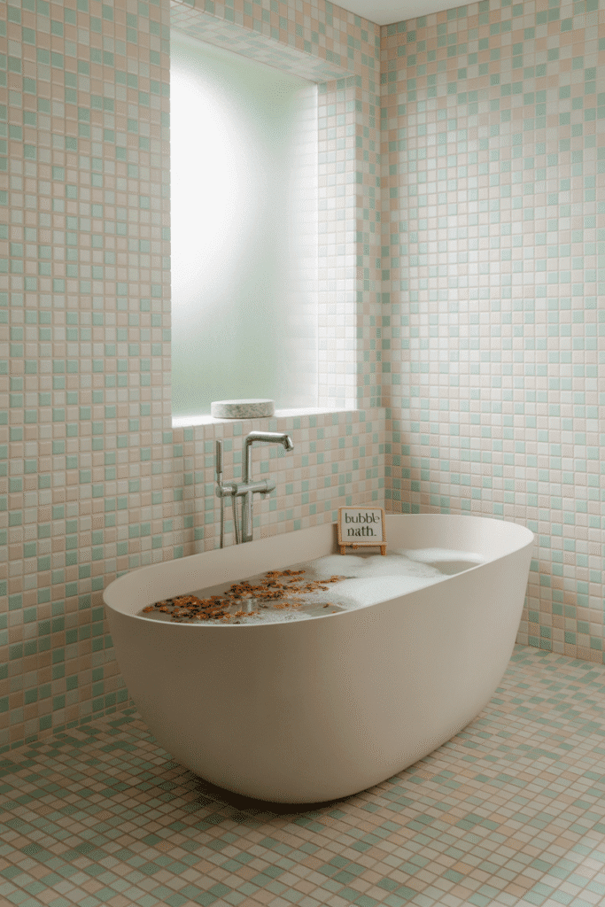 Feminine bathroom featuring patterned tiles adding style and personality.