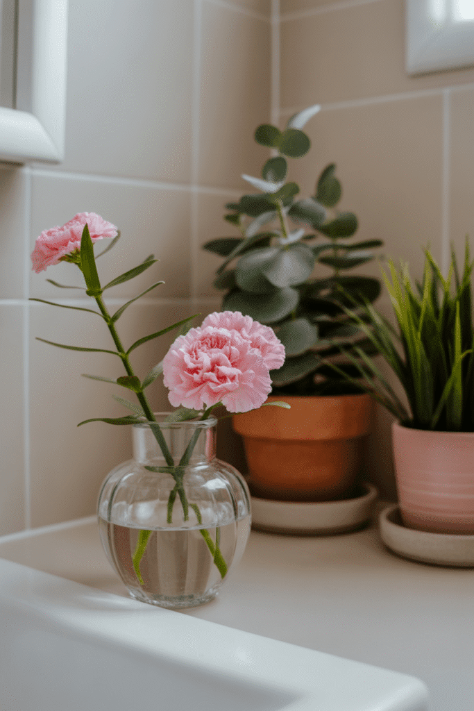 Girly bathroom enhanced with fresh flowers and small indoor plants.