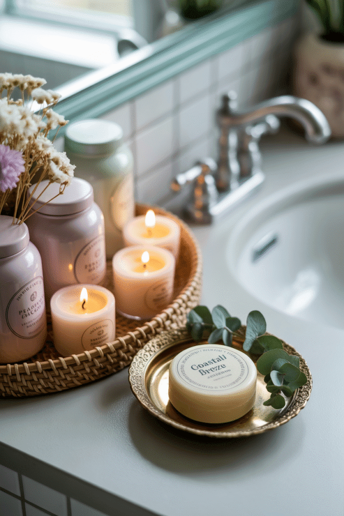 Stylish accessories on a bathroom counter creating a cozy girly feel.
