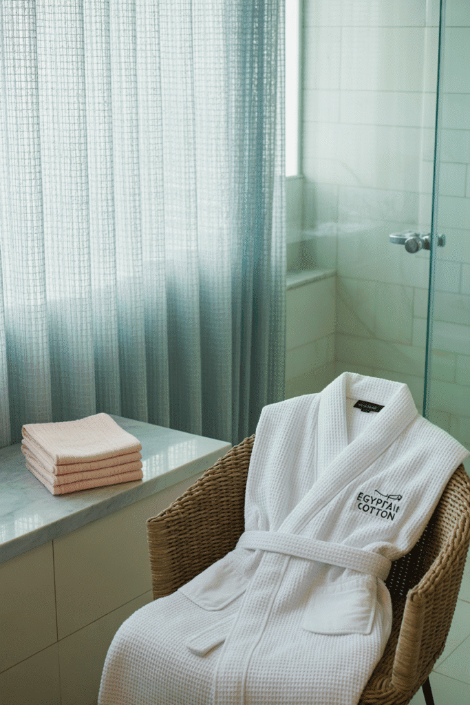 Bathroom with plush bathrobes, pastel hand towels, and textured shower curtain.