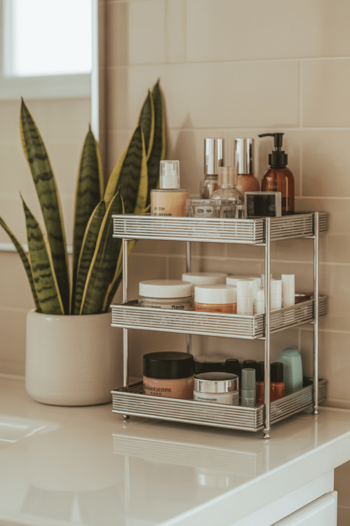Girly bathroom with organized beauty station for a functional, stylish setup.