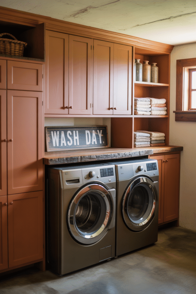 Terracotta cabinets add earthy color and Mediterranean charm to compact laundry rooms.