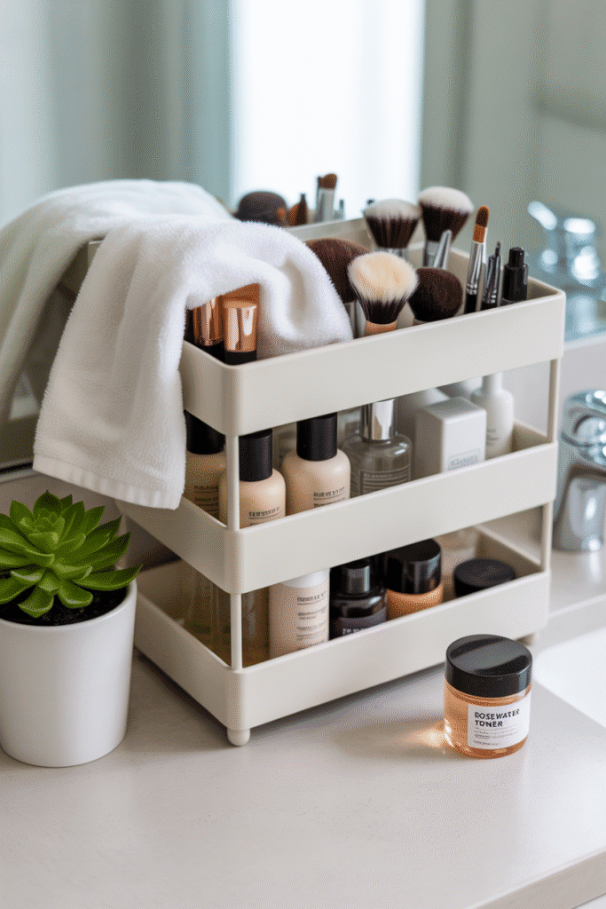 Girly bathroom with organized beauty station for a functional, stylish setup.