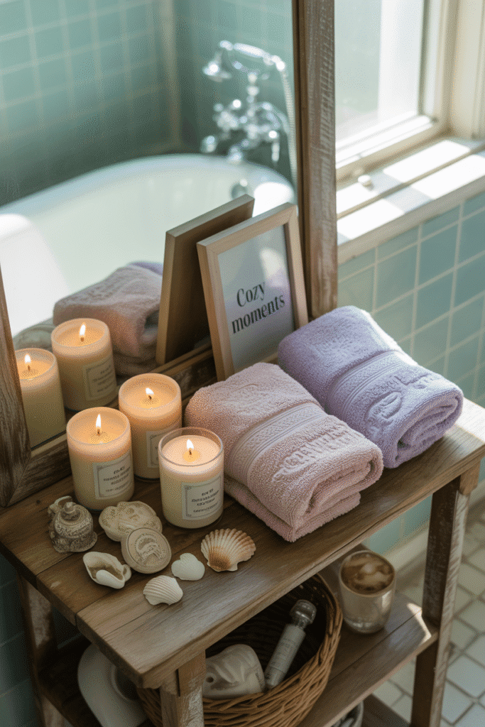 Girly bathroom decorated with personal touches creating a cozy, feminine vibe.