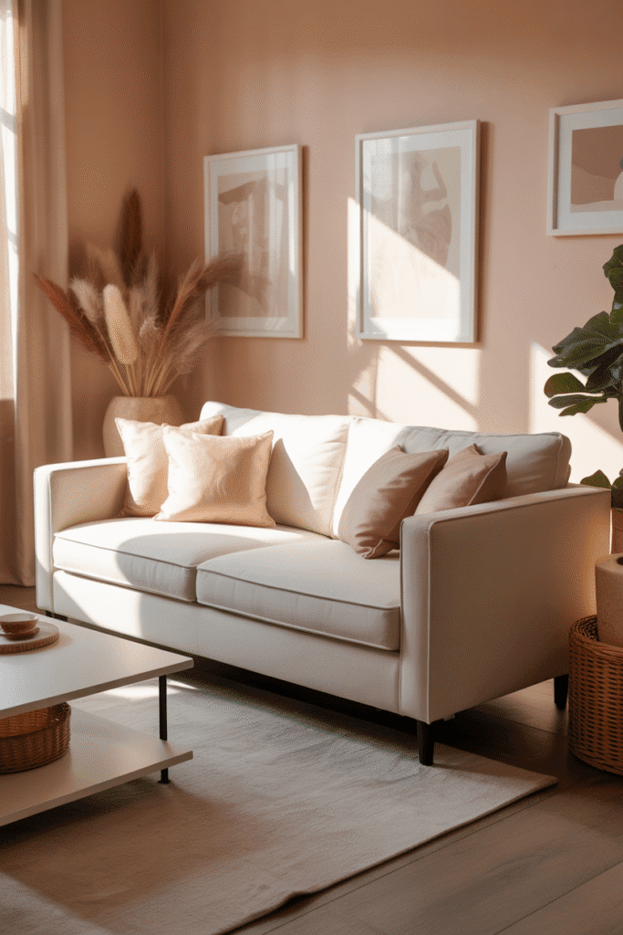 As a part of girly living room ideas this picture shows a soft blush and cream living room with neutral sofa and warm lighting.