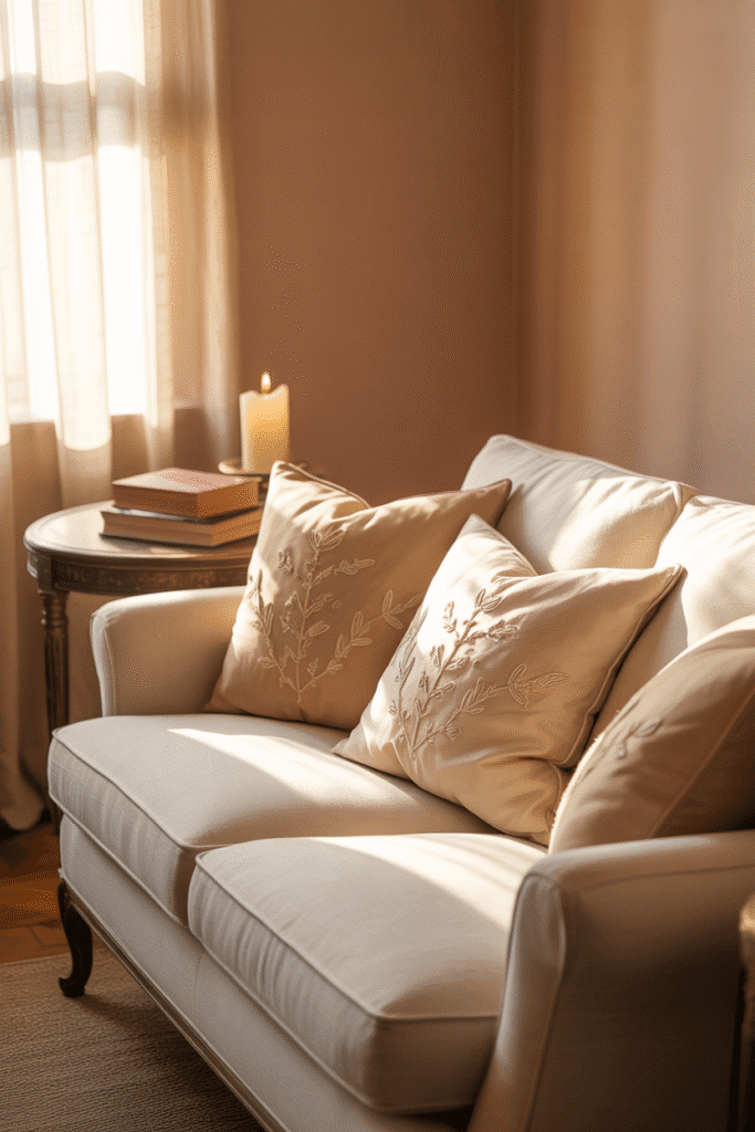 Soft blush and cream living room with neutral sofa and warm lighting.