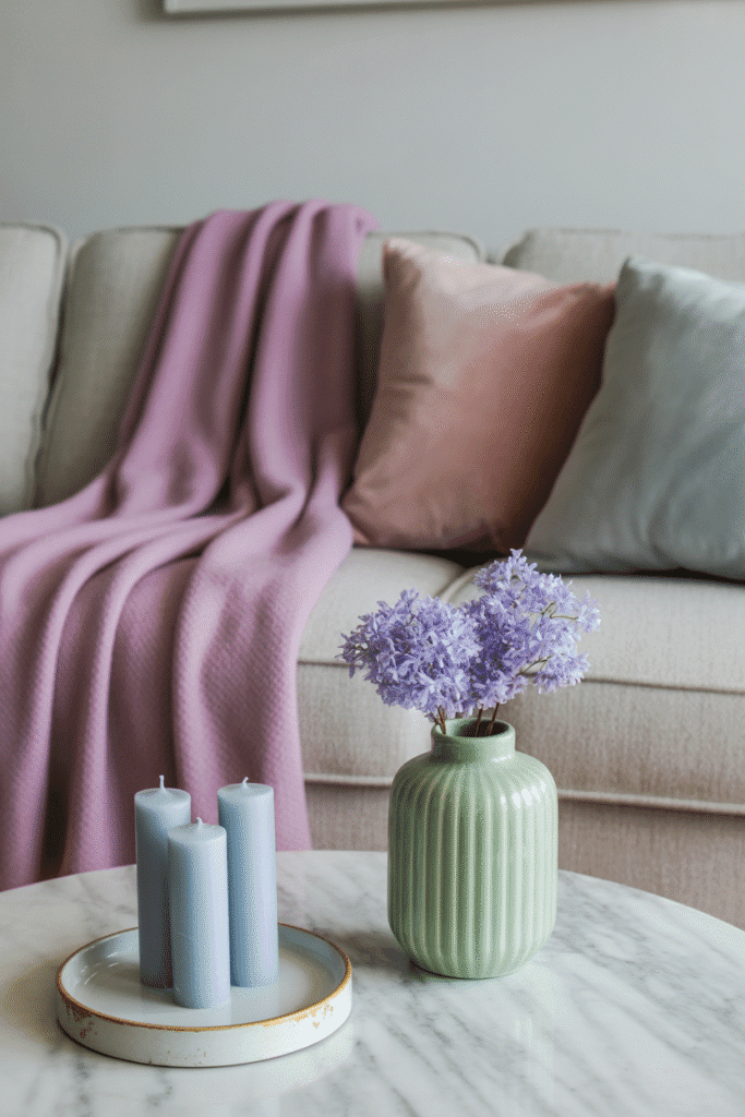 Pastel living room accents with lilac, mint green, and powder blue decor.