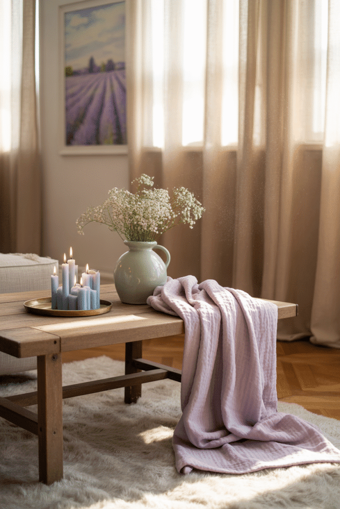 Pastel living room accents with lilac, mint green, and powder blue decor.