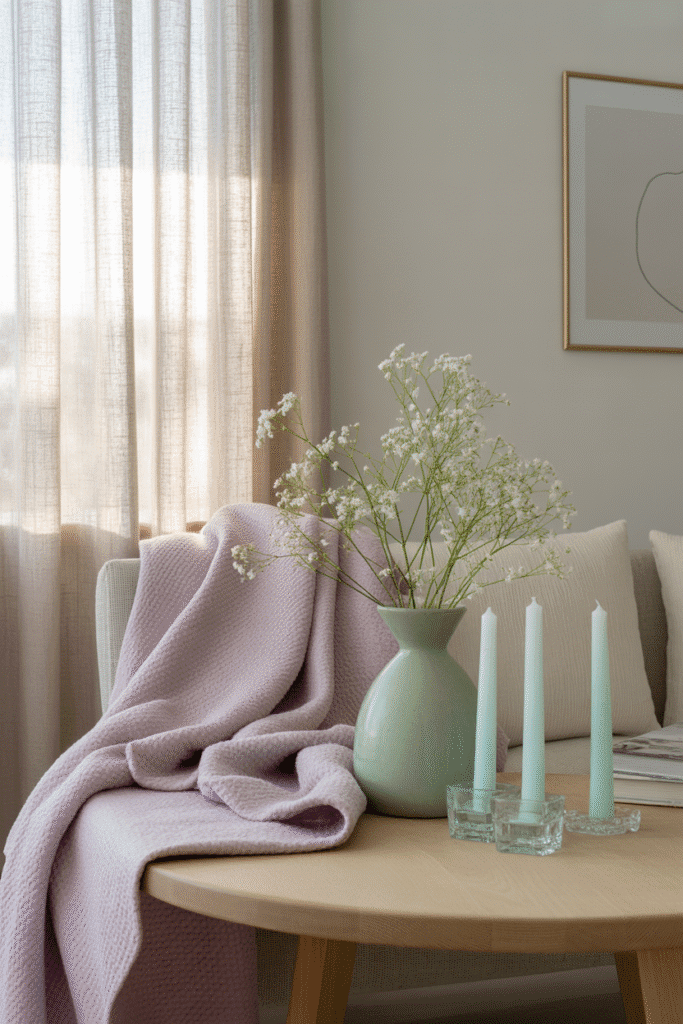 Pastel living room accents with lilac, mint green, and powder blue decor.