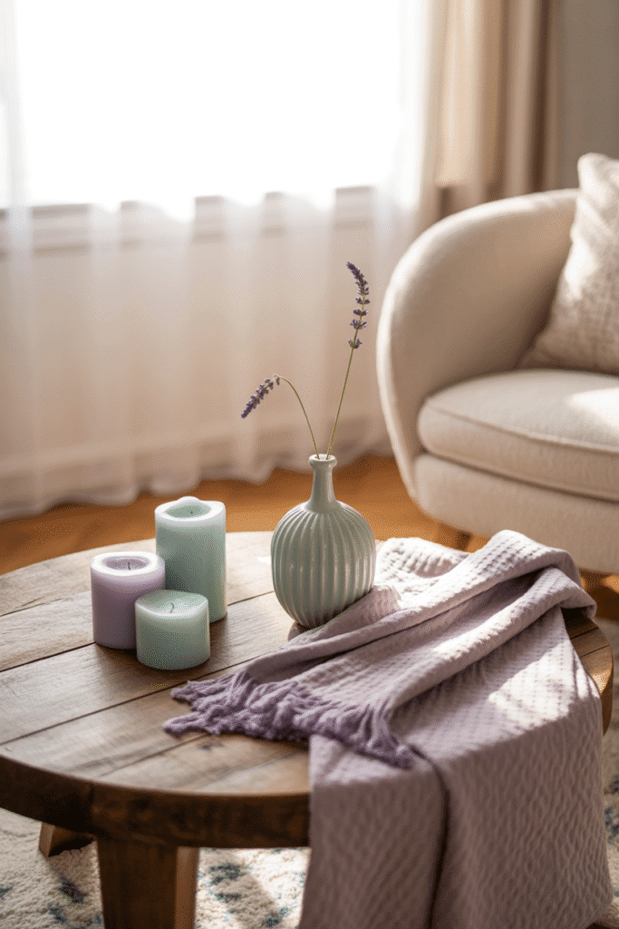 Pastel living room accents with lilac, mint green, and powder blue decor.