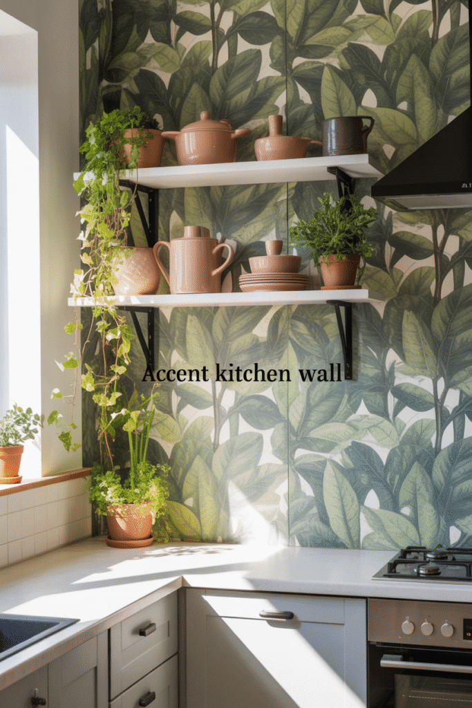 Green botanical wallpaper brings nature indoors for a vibrant kitchen backdrop.

