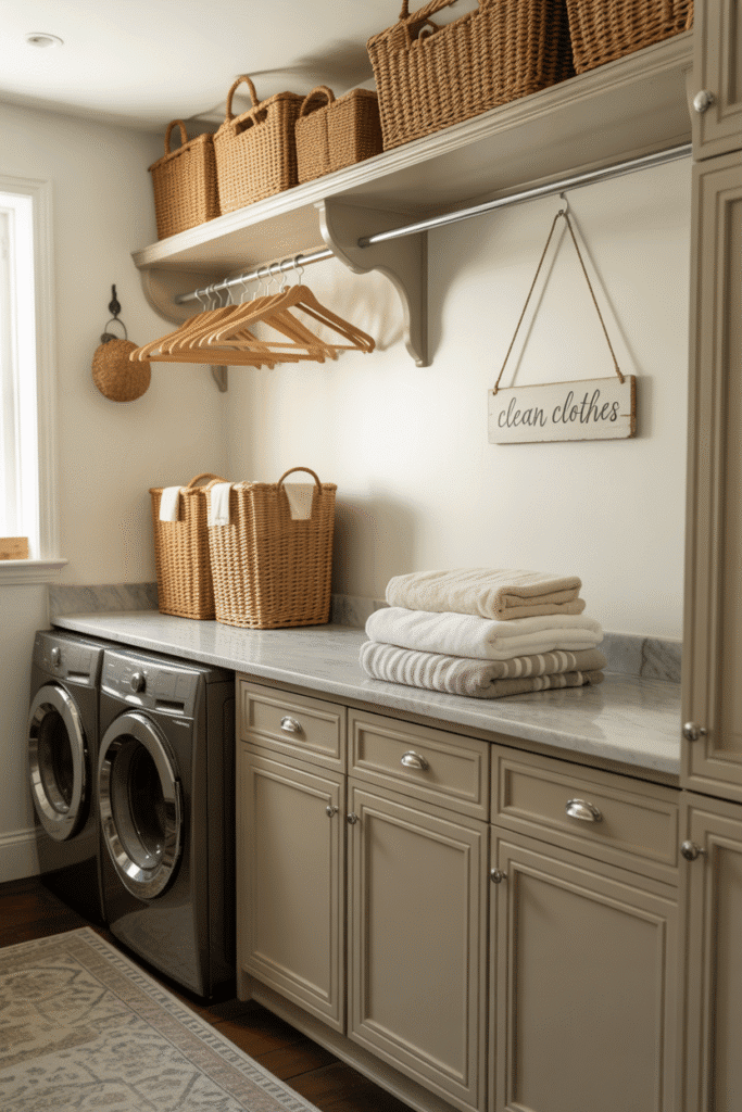 French gray paint brings a classic and calming presence to laundry cabinets.