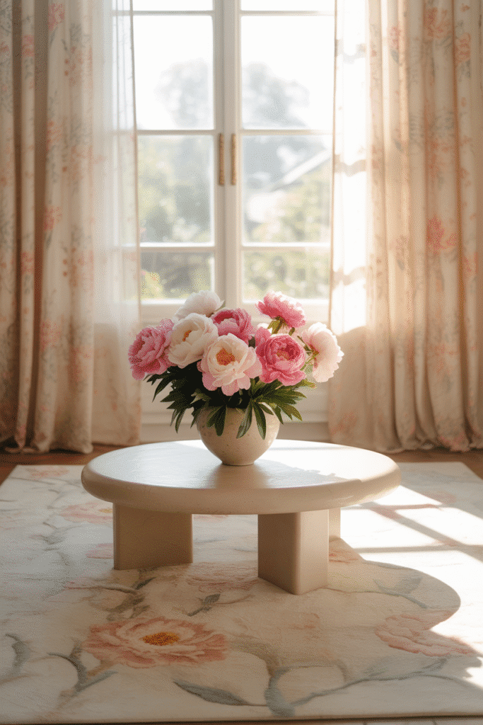 Feminine living room with floral curtains and pink peonies.