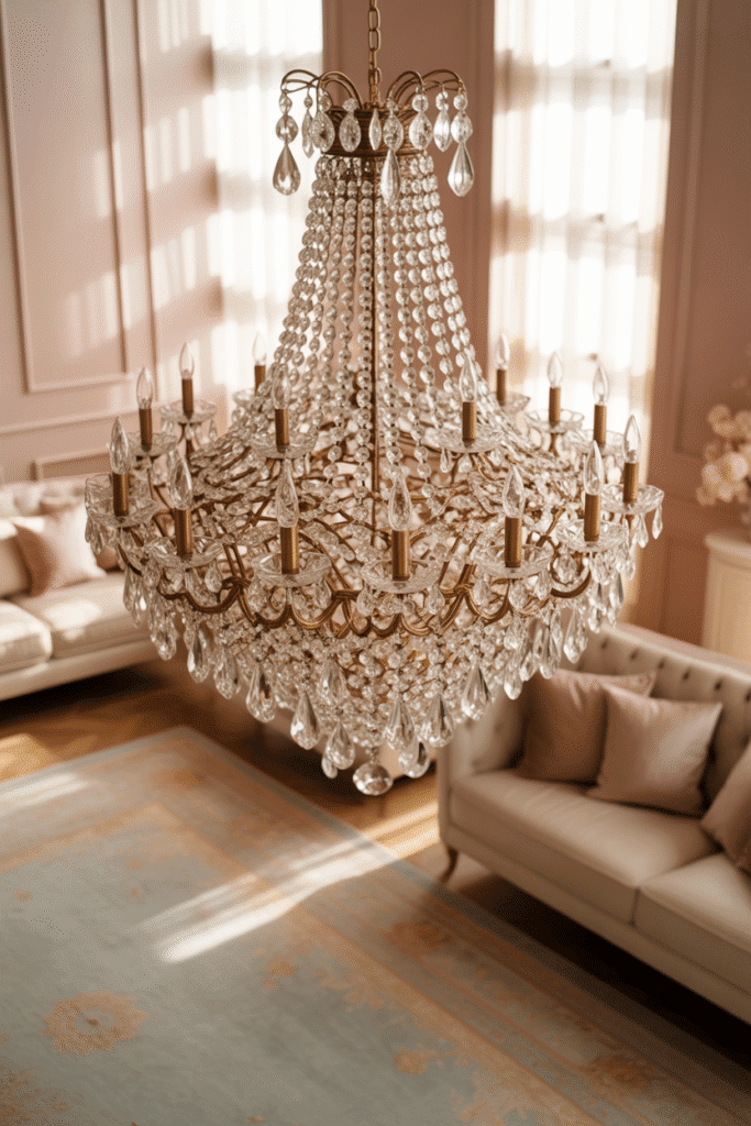 Crystal chandelier above a blush and cream living room.