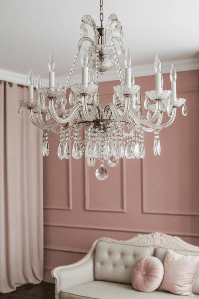 Crystal chandelier above a blush and cream living room.