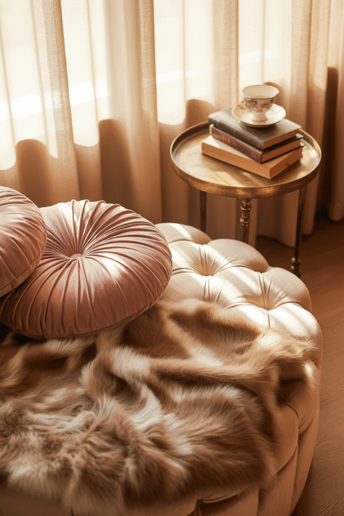 Plush living room textures with velvet cushions and faux fur.