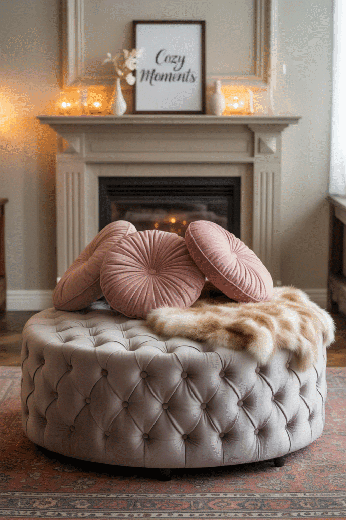 Plush living room textures with velvet cushions and faux fur.