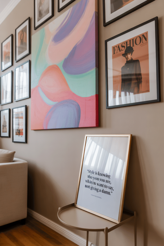 Girly gallery wall with pastel art and chic photography.
