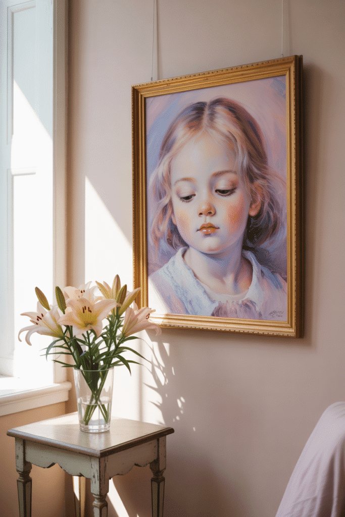 Girly gallery wall with pastel art and chic photography.