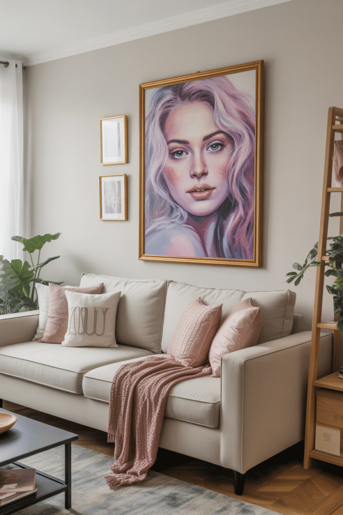Girly gallery wall with pastel art and chic photography.