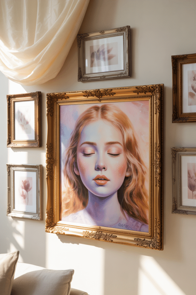 Girly gallery wall with pastel art and chic photography.