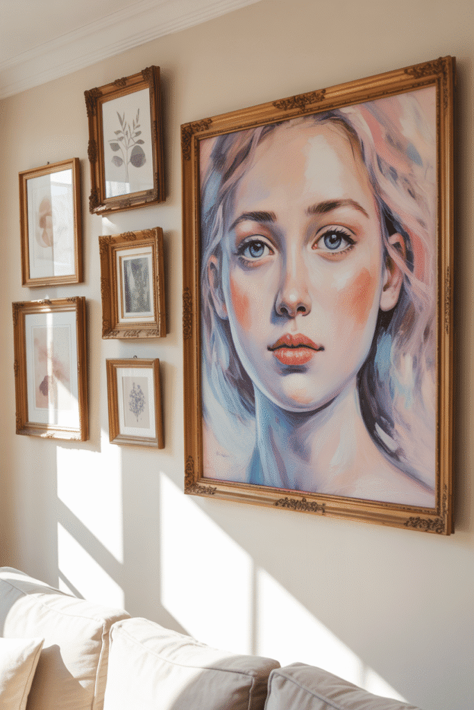Girly gallery wall with pastel art and chic photography.