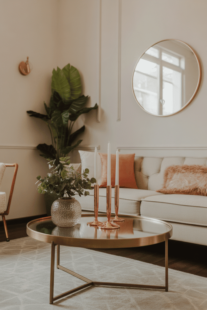 Girly living room with rose gold and brass metallic decor.