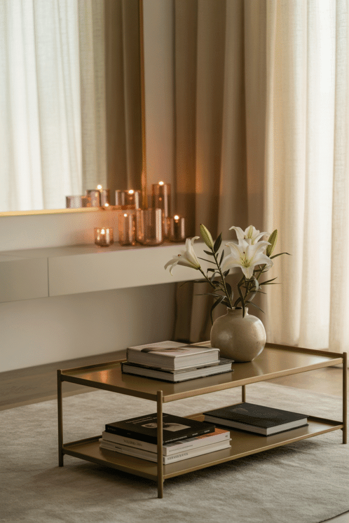 Girly living room with rose gold and brass metallic decor.