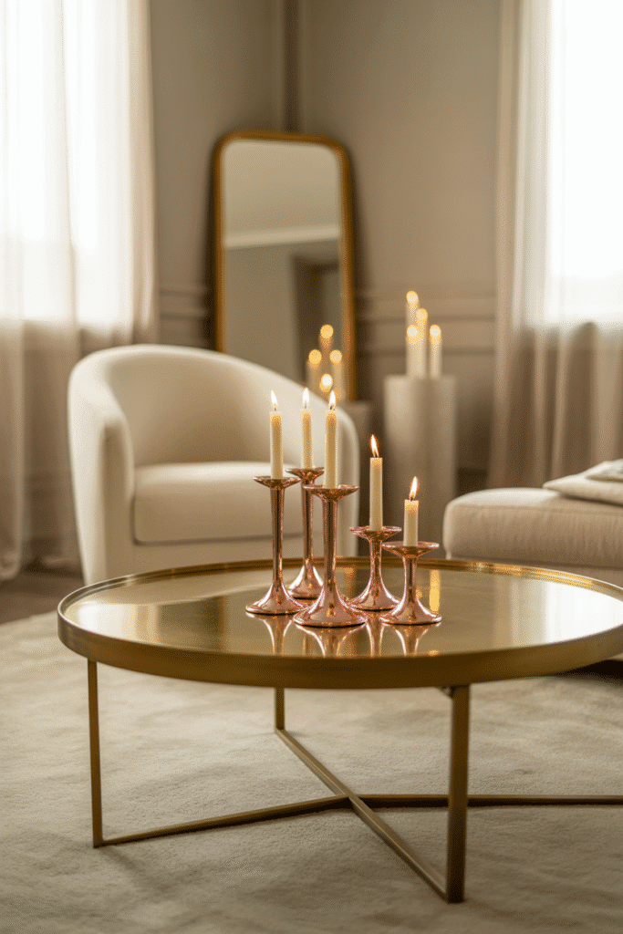 Girly living room with rose gold and brass metallic decor.