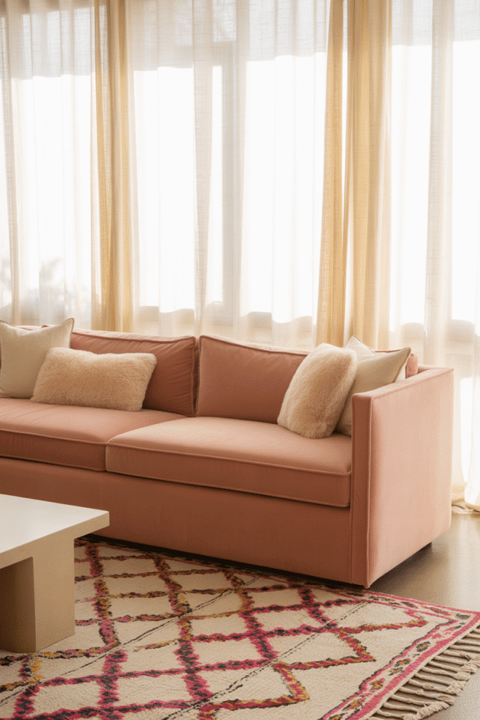 Moroccan pink and cream rug in feminine living room.