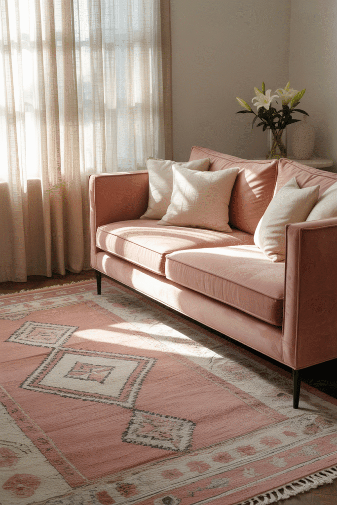 Moroccan pink and cream rug in feminine living room.