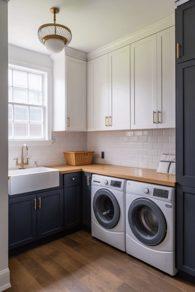 Two-tone cabinets offer balanced color and depth in small laundry room layouts.