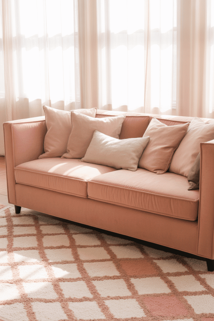 Moroccan pink and cream rug in feminine living room.